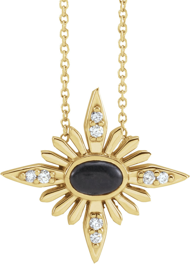 14K Gold Oval Natural Black Onyx & Natural Diamond Star Necklace or Pendant - Yellow Gold