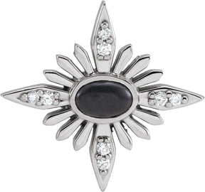 14K Gold Oval Natural Black Onyx & Natural Diamond Star Necklace or Pendant - White Gold