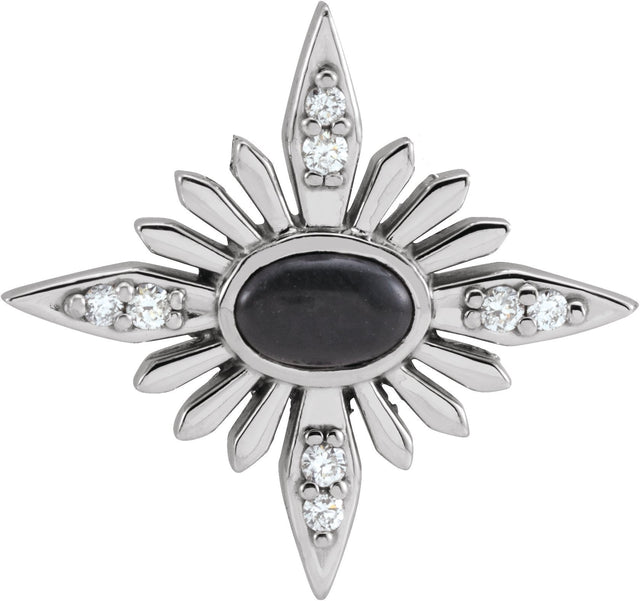 14K Gold Oval Natural Black Onyx & Natural Diamond Star Necklace or Pendant - White Gold