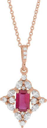 14K Gold Emerald Natural Ruby & Natural Diamond Halo-Style Necklace or Pendant - Rose Gold