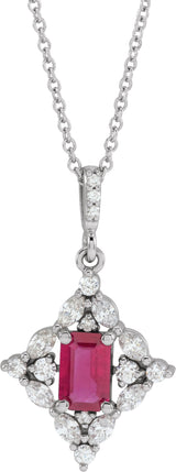 14K Gold Emerald Natural Ruby & Natural Diamond Halo-Style Necklace or Pendant - White Gold