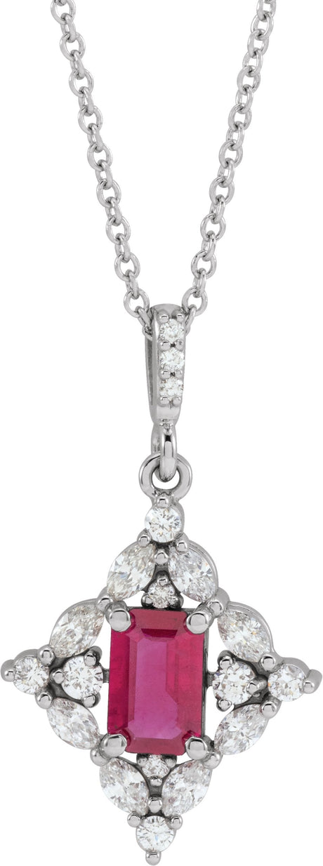 14K Gold Emerald Natural Ruby & Natural Diamond Halo-Style Necklace or Pendant - White Gold