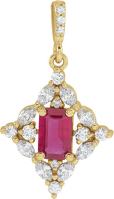 14K Gold Emerald Natural Ruby & Natural Diamond Halo-Style Necklace or Pendant - Yellow Gold