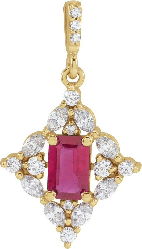 14K Gold Emerald Natural Ruby & Natural Diamond Halo-Style Necklace or Pendant - Yellow Gold