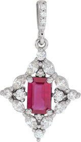 14K Gold Emerald Natural Ruby & Natural Diamond Halo-Style Necklace or Pendant - White Gold