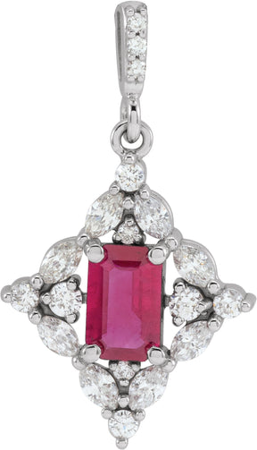 14K Gold Emerald Natural Ruby & Natural Diamond Halo-Style Necklace or Pendant - White Gold