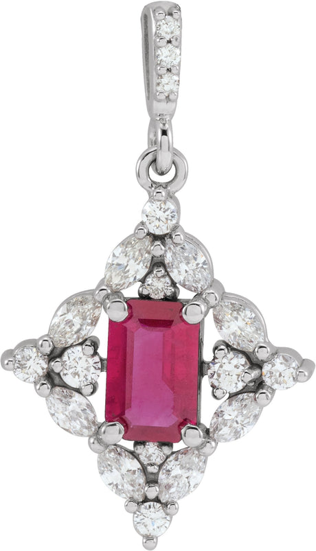 14K Gold Emerald Natural Ruby & Natural Diamond Halo-Style Necklace or Pendant - White Gold