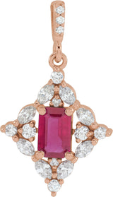 14K Gold Emerald Natural Ruby & Natural Diamond Halo-Style Necklace or Pendant - Rose Gold