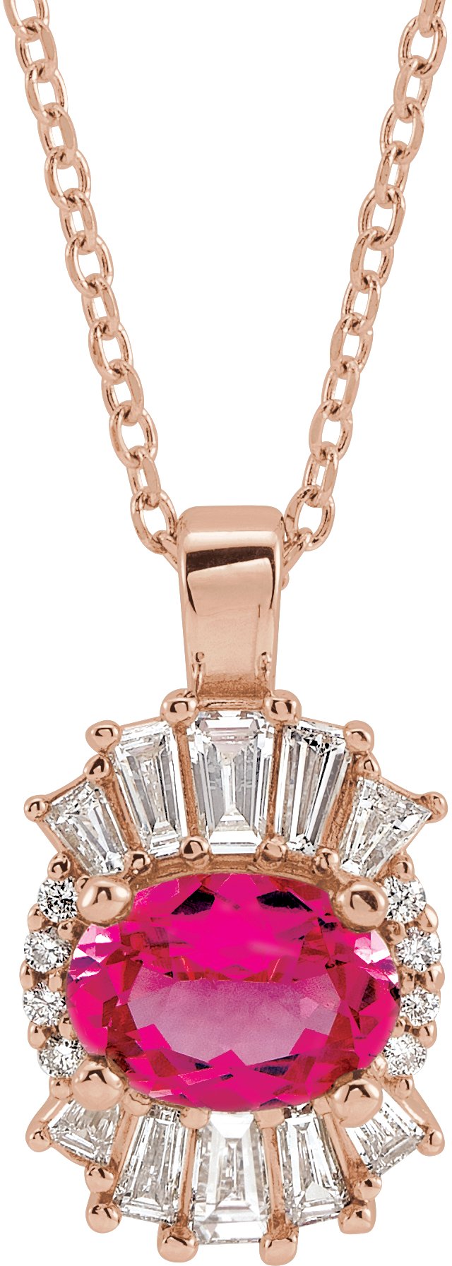 14K Gold Oval Natural Pink Tourmaline Halo-Style Necklace or Pendant - Rose Gold - view 3
