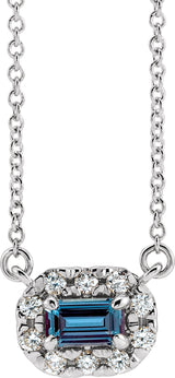14K Gold Emerald Lab-Grown Alexandrite & Natural Diamond French-Set Halo-Style Necklace - White Gold