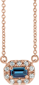 14K Gold Emerald Lab-Grown Alexandrite & Natural Diamond French-Set Halo-Style Necklace - Rose Gold