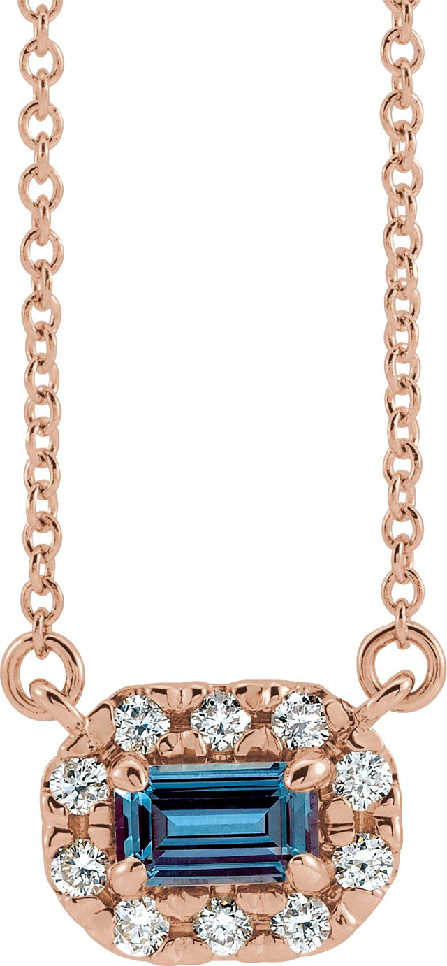 14K Gold Emerald Lab-Grown Alexandrite & Natural Diamond French-Set Halo-Style Necklace - Rose Gold