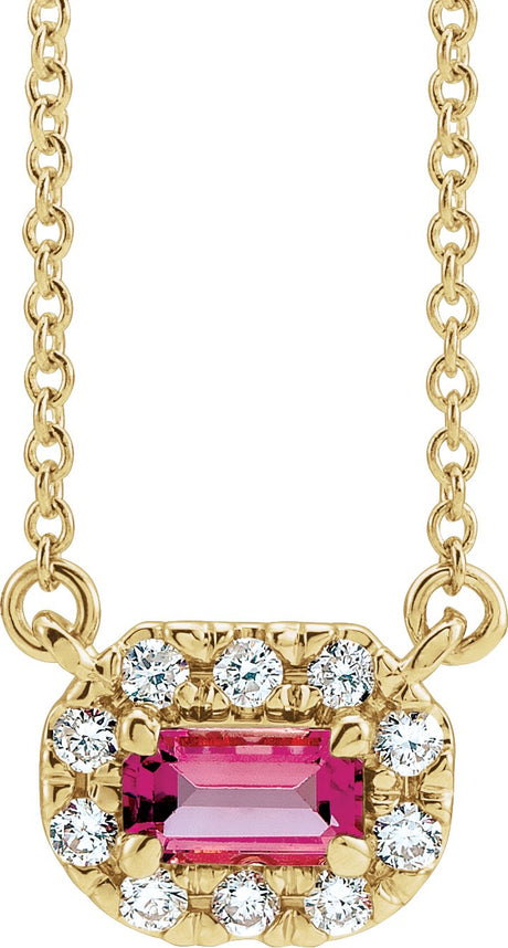 14K Gold Emerald Natural Pink Tourmaline & Natural Diamond French-Set Halo-Style Necklace - Yellow Gold