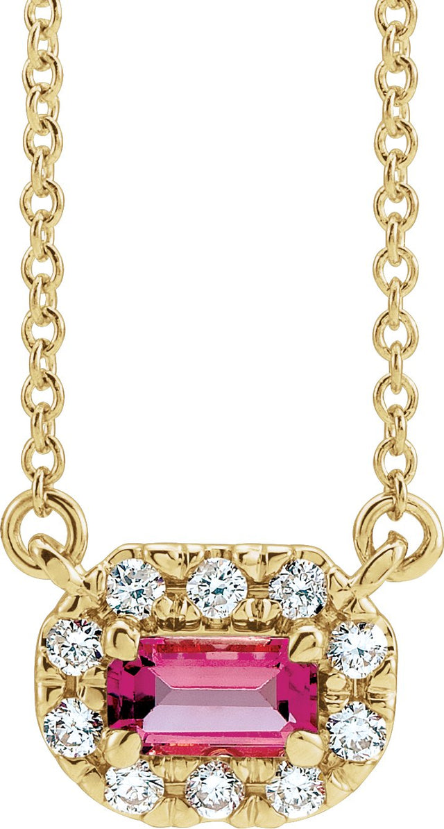 14K Gold Emerald Natural Pink Tourmaline & Natural Diamond French-Set Halo-Style Necklace - Yellow Gold