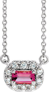 14K Gold Emerald Natural Pink Tourmaline & Natural Diamond French-Set Halo-Style Necklace - White Gold