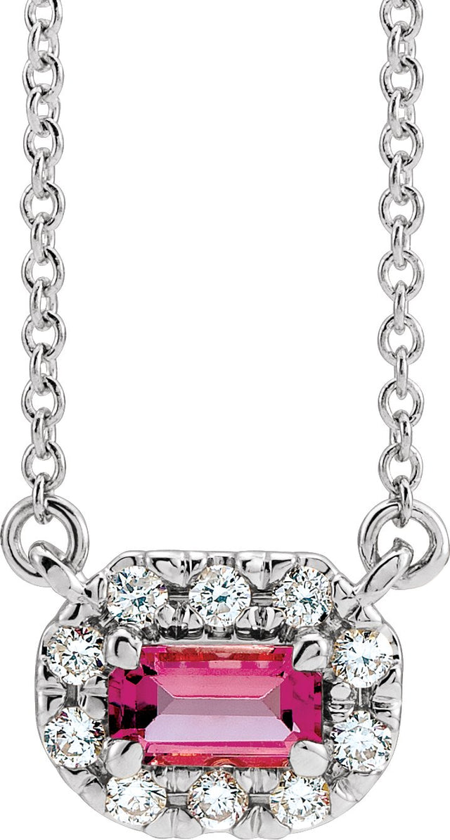 Platinum Emerald Natural Pink Tourmaline & Natural Diamond French-Set Halo-Style Necklace