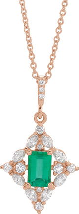 14K Gold Emerald Natural Emerald & Natural Diamond Halo-Style Necklace or Pendant – 1/3 CTW - Rose Gold