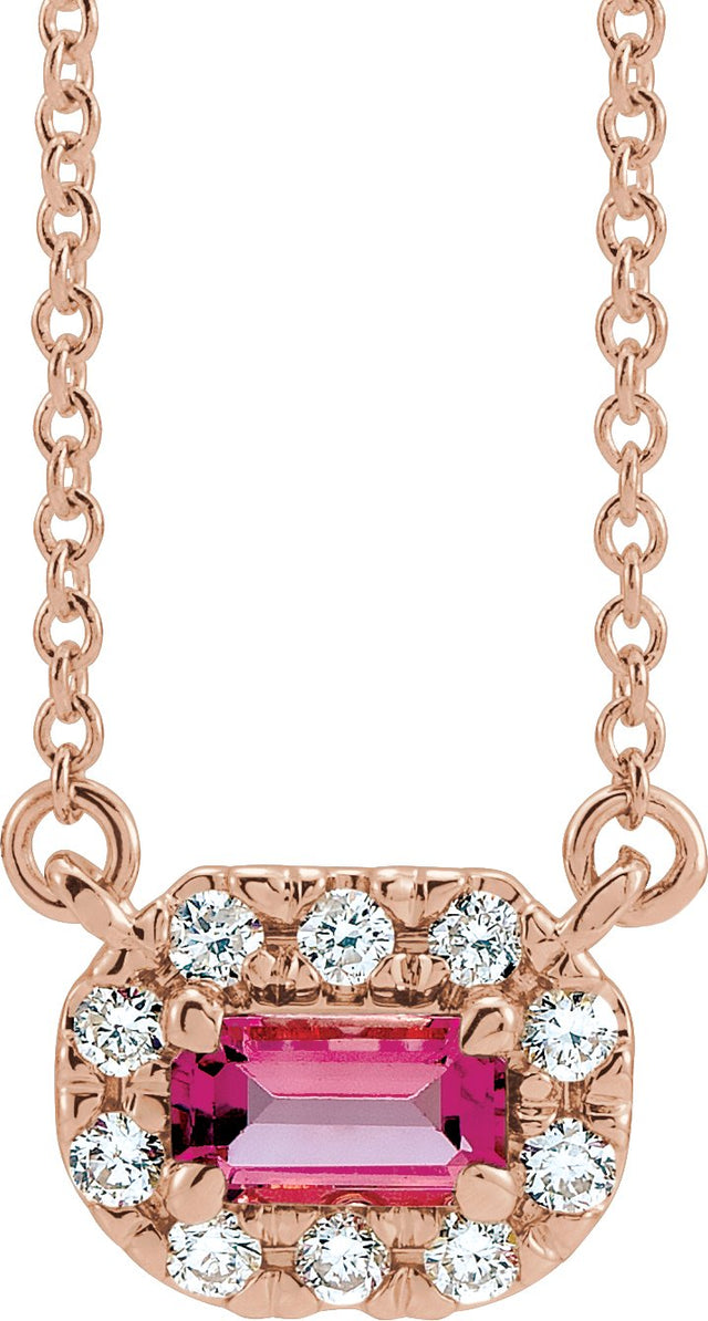 14K Gold Emerald Natural Pink Tourmaline & Natural Diamond French-Set Halo-Style Necklace - Rose Gold