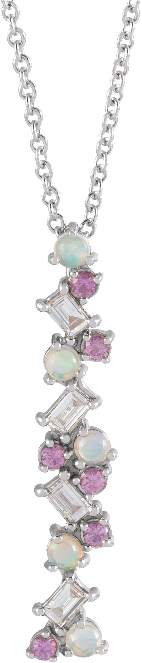 Platinum Natural Ethiopian Opal & Natural Pink Sapphire & Natural Diamond Scattered Bar Pendant – 1/8 CTW