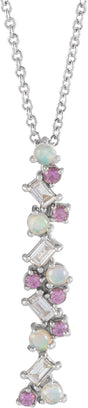 Platinum Natural Ethiopian Opal & Natural Pink Sapphire & Natural Diamond Scattered Bar Pendant – 1/8 CTW