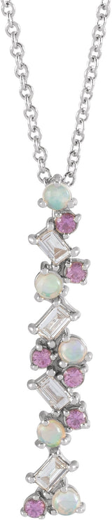 14K Gold Natural Ethiopian Opal & Natural Pink Sapphire & Natural Diamond Scattered Bar Pendant – 1/8 CTW - White Gold
