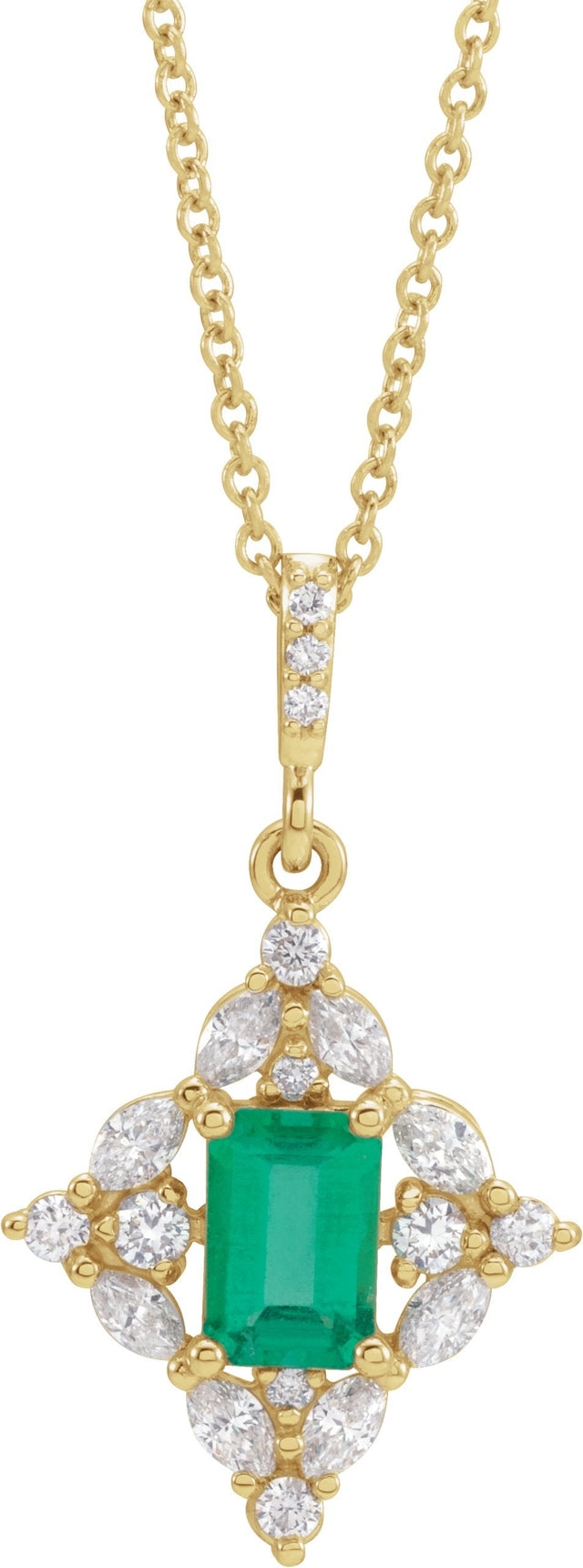 14K Gold Emerald Natural Emerald & Natural Diamond Halo-Style Necklace or Pendant – 1/3 CTW - Yellow Gold