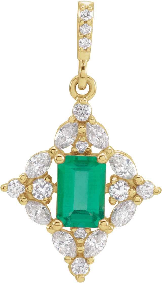 14K Gold Emerald Natural Emerald & Natural Diamond Halo-Style Necklace or Pendant – 1/3 CTW - Yellow Gold