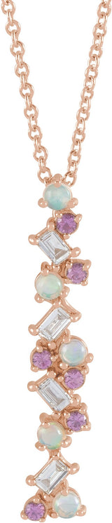 14K Gold Natural Ethiopian Opal & Natural Pink Sapphire & Natural Diamond Scattered Bar Pendant – 1/8 CTW - Rose Gold