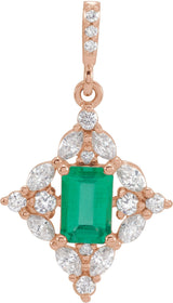 14K Gold Emerald Natural Emerald & Natural Diamond Halo-Style Necklace or Pendant – 1/3 CTW - Rose Gold