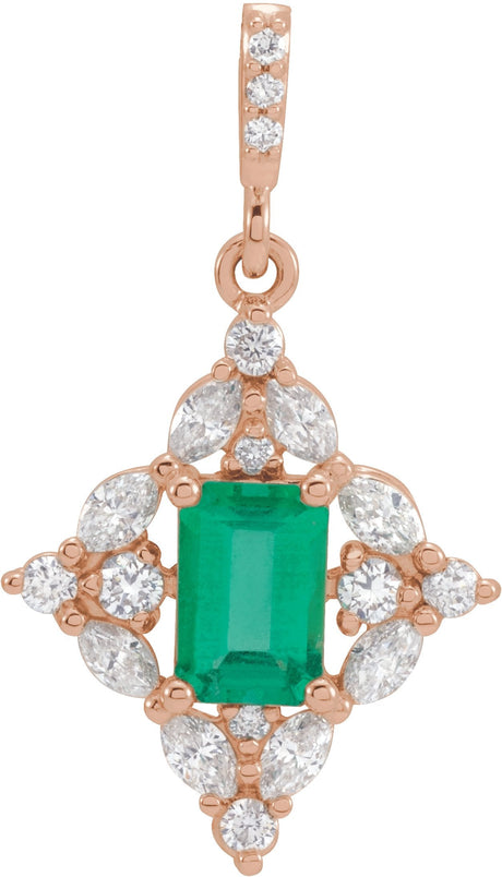 14K Gold Emerald Natural Emerald & Natural Diamond Halo-Style Necklace or Pendant – 1/3 CTW - Rose Gold