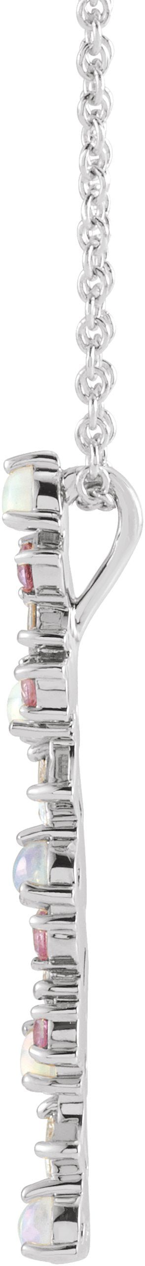 14K Gold Natural Ethiopian Opal & Natural Pink Sapphire & Natural Diamond Scattered Bar Pendant – 1/8 CTW - White Gold - view 2