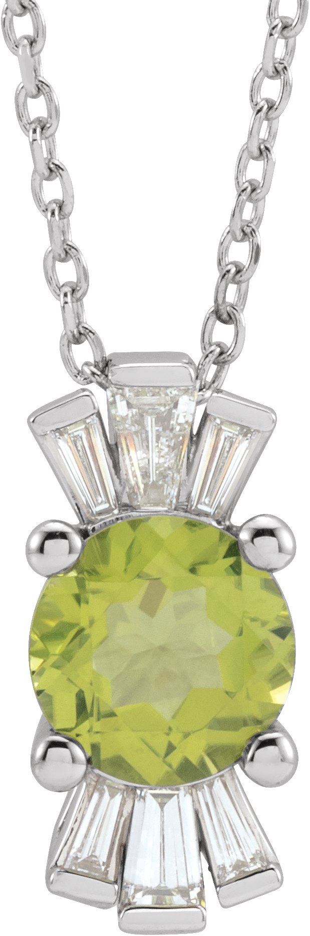 Platinum Round Natural Peridot & Natural Diamond Accented Necklace or Pendant – 1/6 CTW