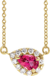 14K Gold Pear Natural Pink Tourmaline & Natural Diamond French-Set Halo-Style Necklace - Yellow Gold
