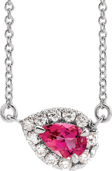 14K Gold Pear Natural Pink Tourmaline & Natural Diamond French-Set Halo-Style Necklace - White Gold