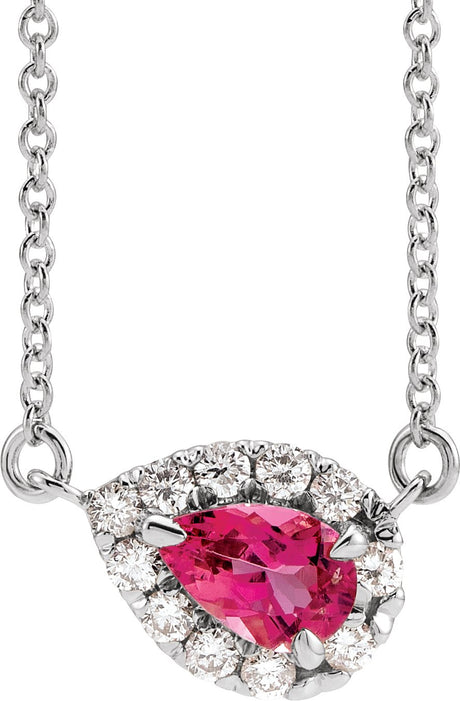 14K Gold Pear Natural Pink Tourmaline & Natural Diamond French-Set Halo-Style Necklace - White Gold