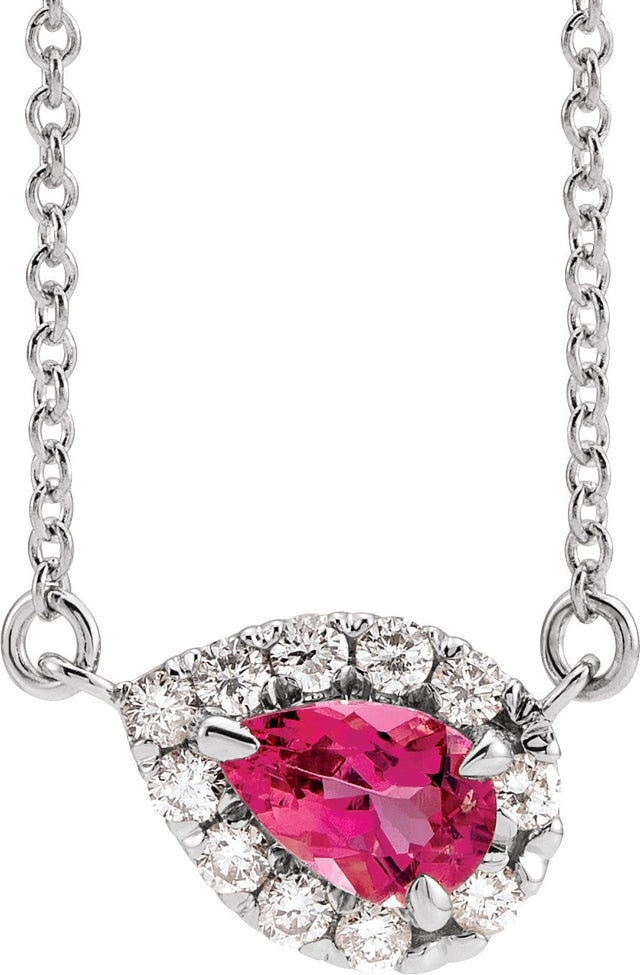 Platinum Pear Natural Pink Tourmaline & Natural Diamond French-Set Halo-Style Necklace