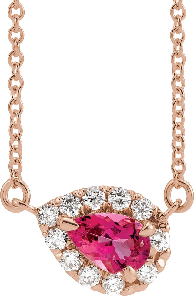 14K Gold Pear Natural Pink Tourmaline & Natural Diamond French-Set Halo-Style Necklace - Rose Gold