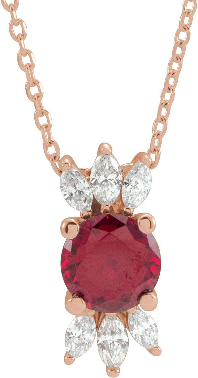 14K Gold Round Lab-Grown Ruby & Natural Diamond Accented Necklace or Pendant - Rose Gold