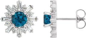 14K Gold Round Natural London Blue Topaz & Natural Diamond Halo-Style Star Earrings II - White Gold
