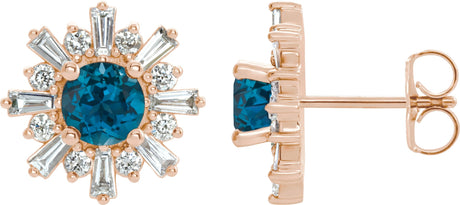 14K Gold Round Natural London Blue Topaz & Natural Diamond Halo-Style Star Earrings II - Rose Gold