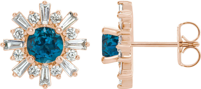 14K Gold Round Natural London Blue Topaz & Natural Diamond Halo-Style Star Earrings II - Rose Gold