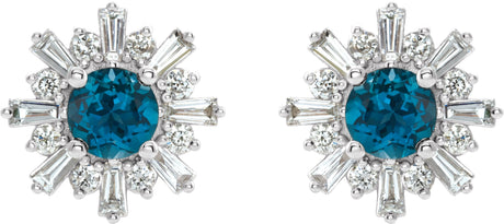 Platinum Round Natural London Blue Topaz & Natural Diamond Halo-Style Star Earrings II - view 2