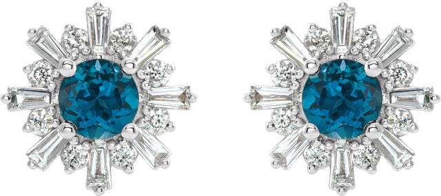 Platinum Round Natural London Blue Topaz & Natural Diamond Halo-Style Star Earrings II - view 2