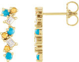 14K Gold Natural Turquoise & Natural Honey Topaz & Natural Diamond Scattered Bar Earrings - Yellow Gold