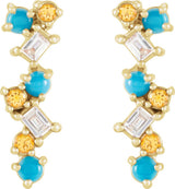 14K Gold Natural Turquoise & Natural Honey Topaz & Natural Diamond Scattered Bar Earrings - Yellow Gold - view 2
