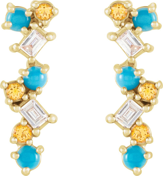 14K Gold Natural Turquoise & Natural Honey Topaz & Natural Diamond Scattered Bar Earrings - Yellow Gold - view 2