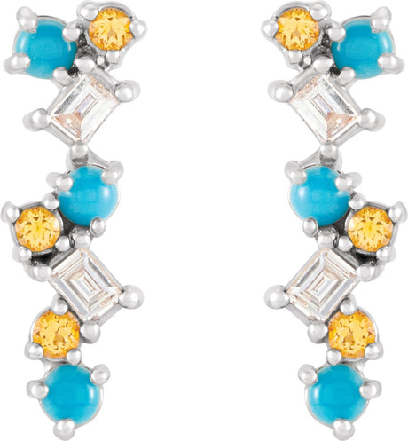 Platinum Natural Turquoise & Natural Honey Topaz & Natural Diamond Scattered Bar Earrings - view 2