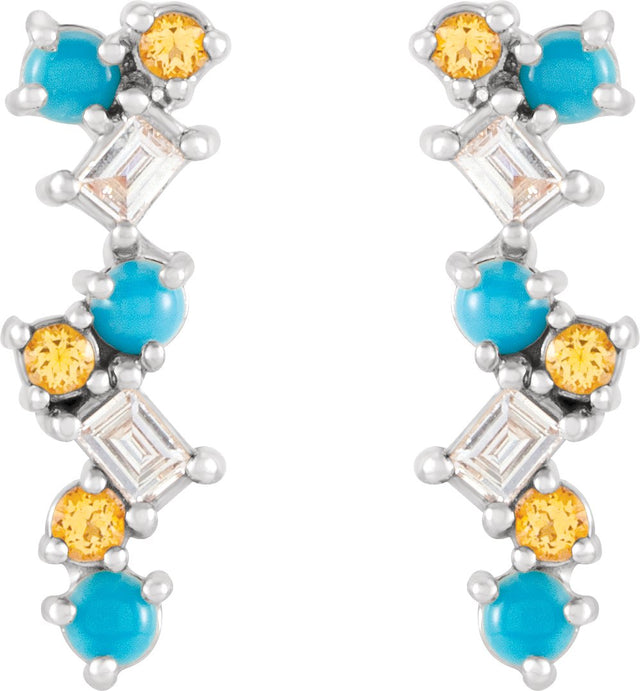 14K Gold Natural Turquoise & Natural Honey Topaz & Natural Diamond Scattered Bar Earrings - White Gold - view 2