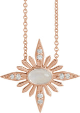 14K Gold Oval Natural Rainbow Moonstone & Natural Diamond Star Necklace or Pendant - Rose Gold