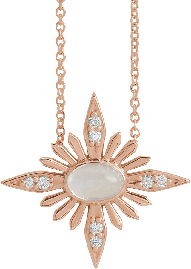 14K Gold Oval Natural Rainbow Moonstone & Natural Diamond Star Necklace or Pendant - Rose Gold